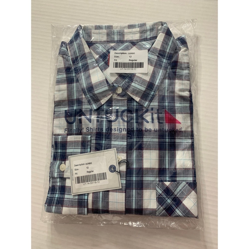 UNTUCKit Sorbo Womens Plaid Button Down Shirt Size 12 Regular Navy Blue White - Picture 7 of 11